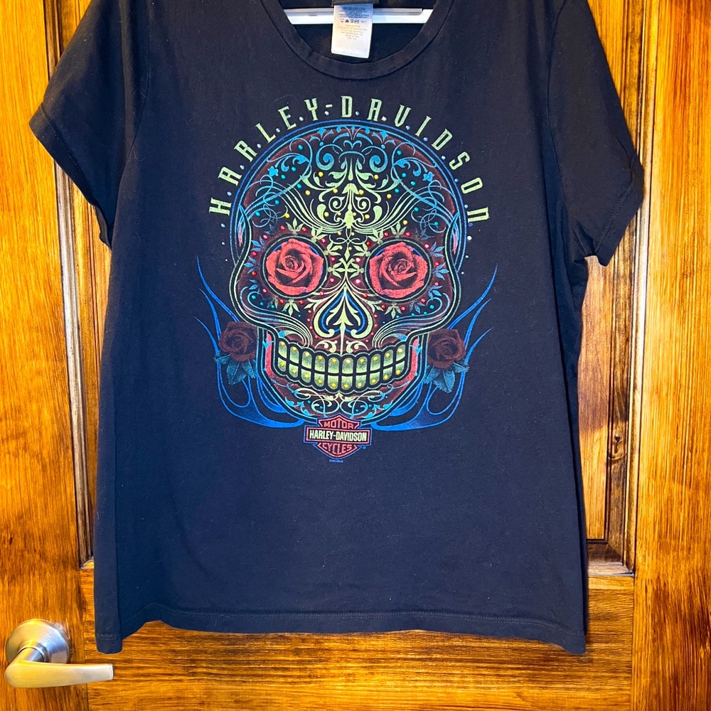Harley Davidson Day the Dead Skull Large Short Sleeve Black flowy T Shirt Women